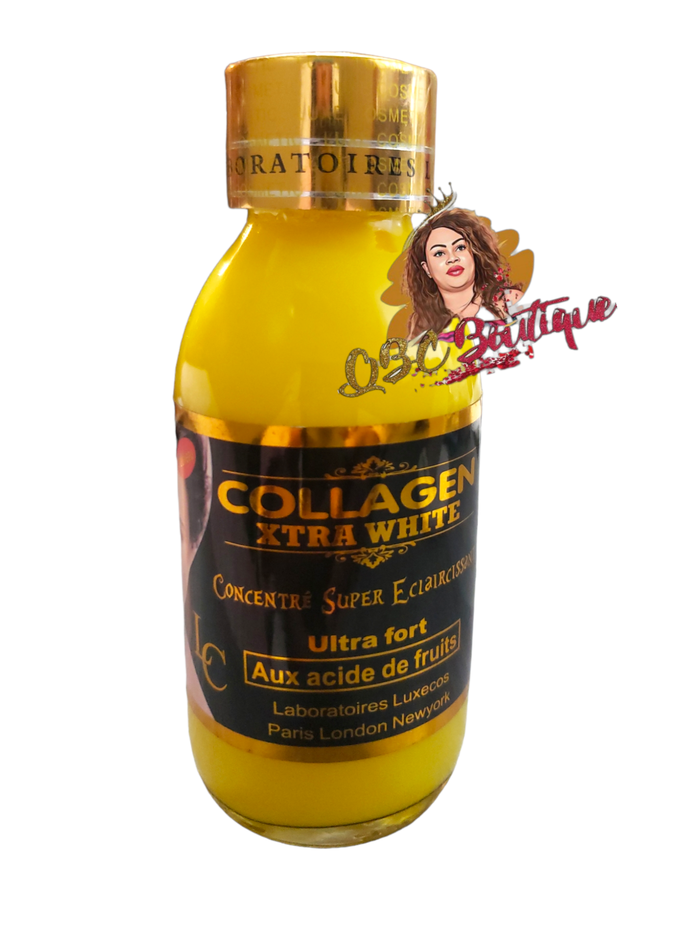 Yellow bottle with black label on a white background